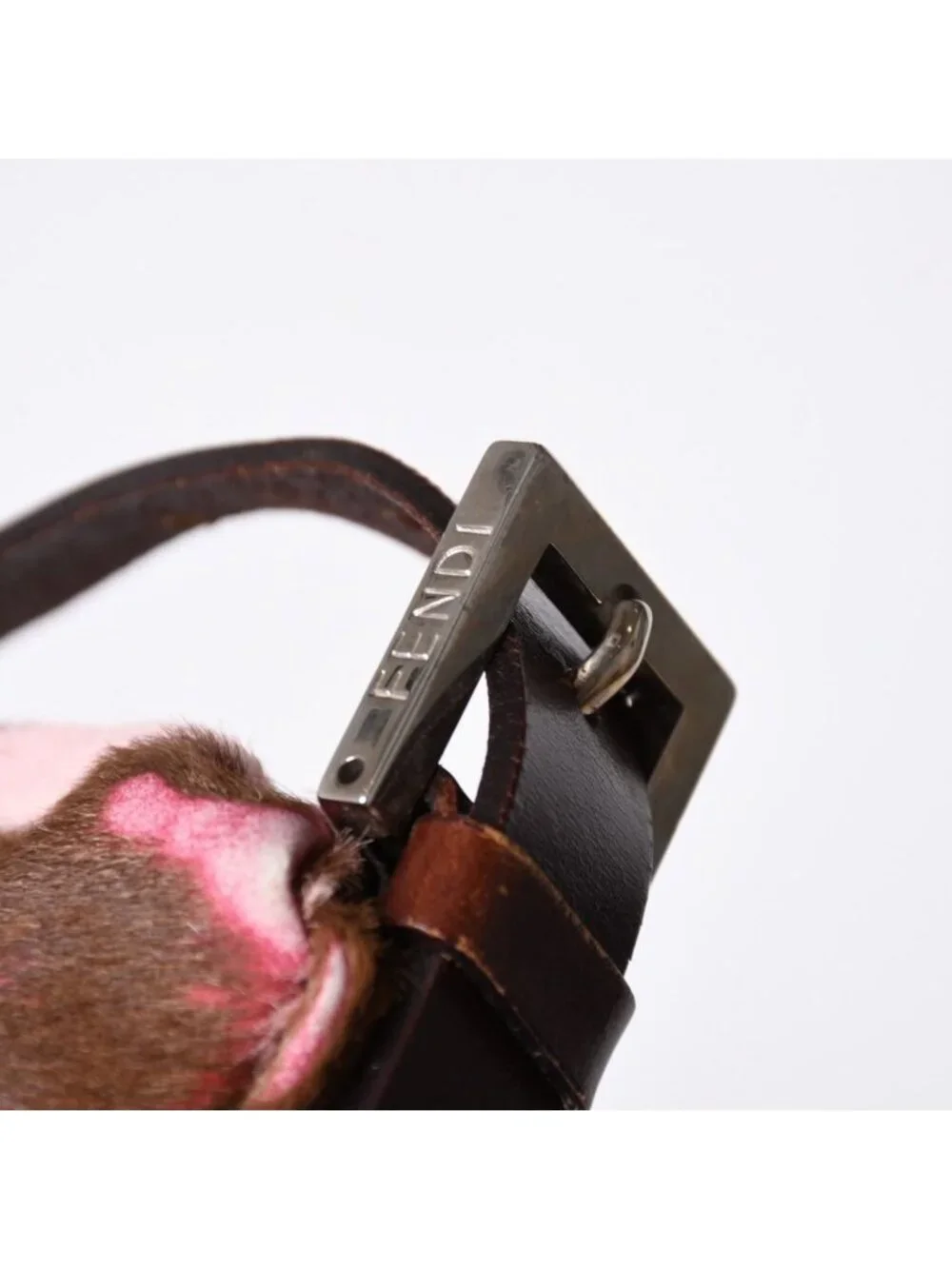 Fendi Mamma Baguette Calf Hair Leather Shoulder Bag Pink Brown Silver